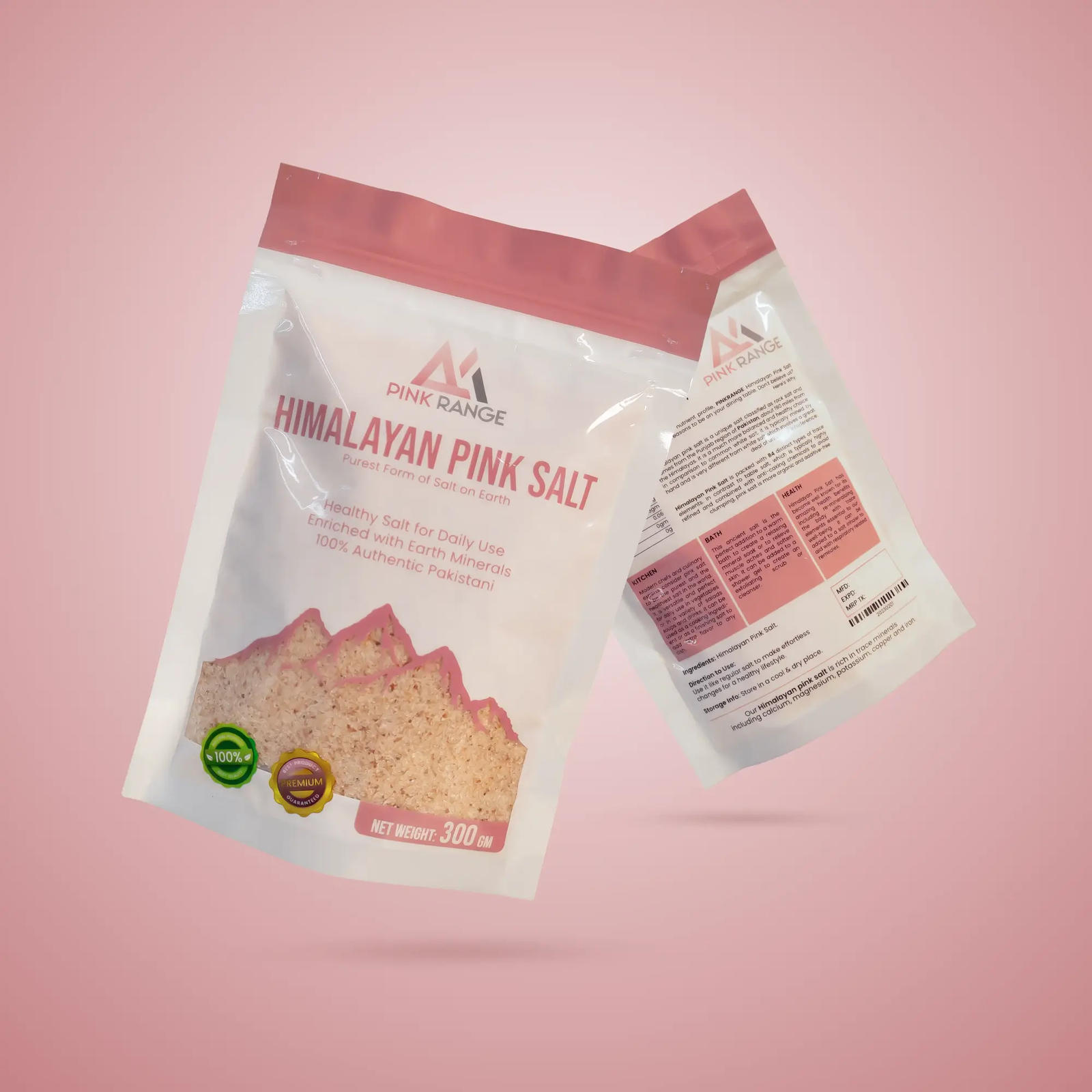 Front and back pouches of pink salt